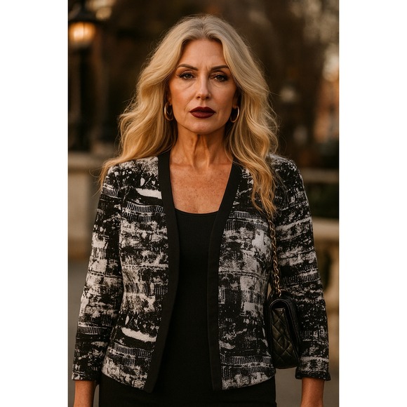 Nine West Womens Cropped Blazer Size 6 Black White Abstract Artsy Career Jacket - Picture 1 of 8